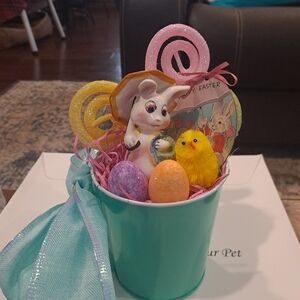 Easter Bunny and Chick Decor in Green Bucket